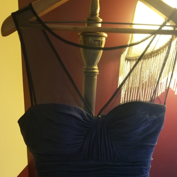 Navy Blue Sweetheart Neckline Sheer Strapped Dress - Picture 2 of 5